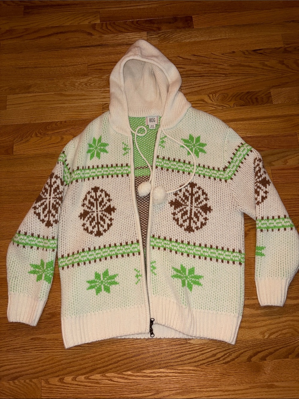 BDG Hooded Zip Sweater - Cream with Bright Green